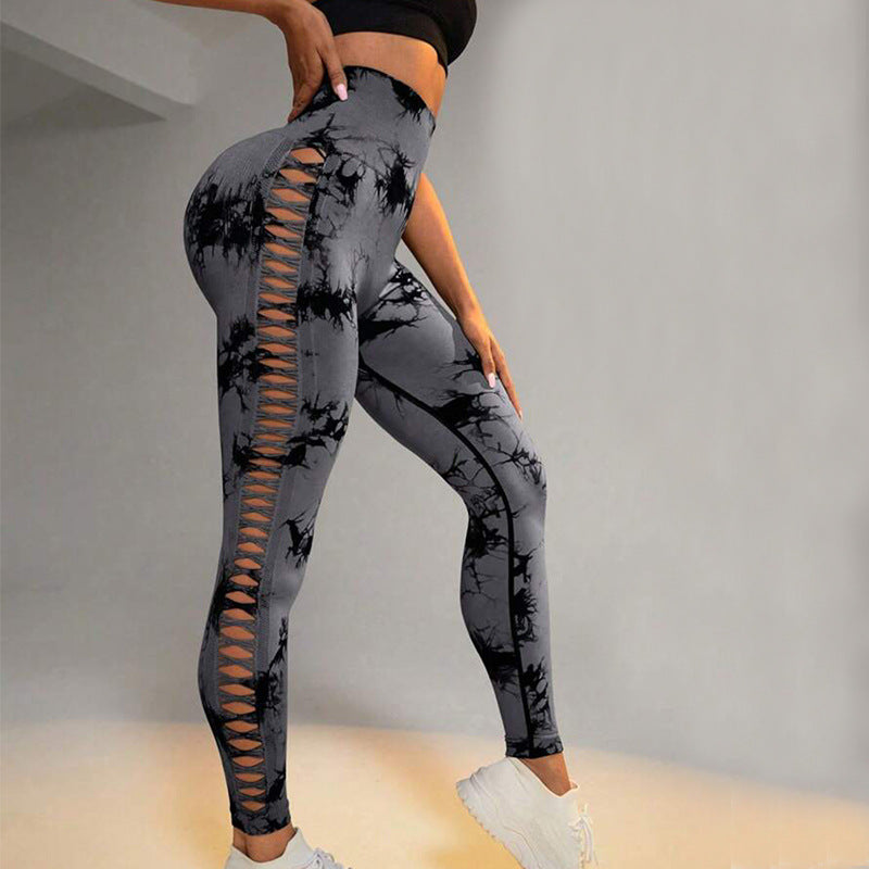 Hollow Tie Dye Printed High Waist Butt Lift Seamless Leggings