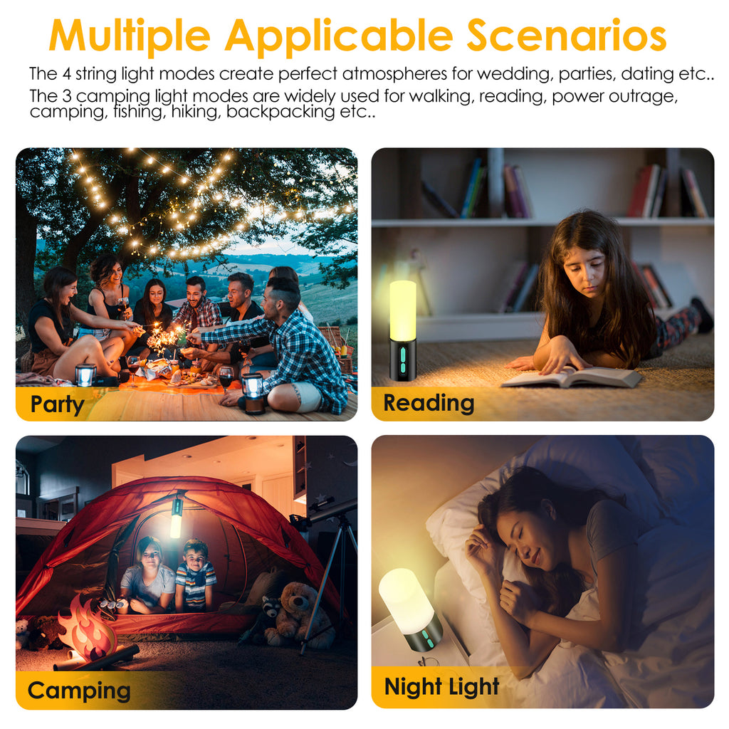 1Pc 4 In 1 Rechargeable Camping String Light IP44 Waterproof Carry Bag For Indoor & Outdoor