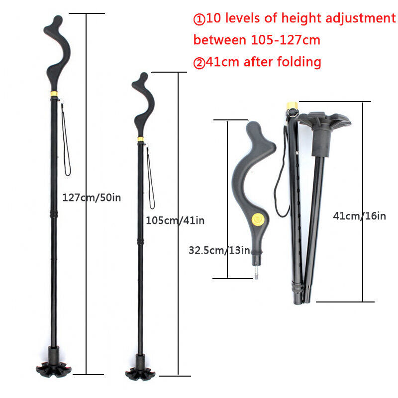 Posture Walking Stick Cane With Adjustable Heights Folding With 10 Levels