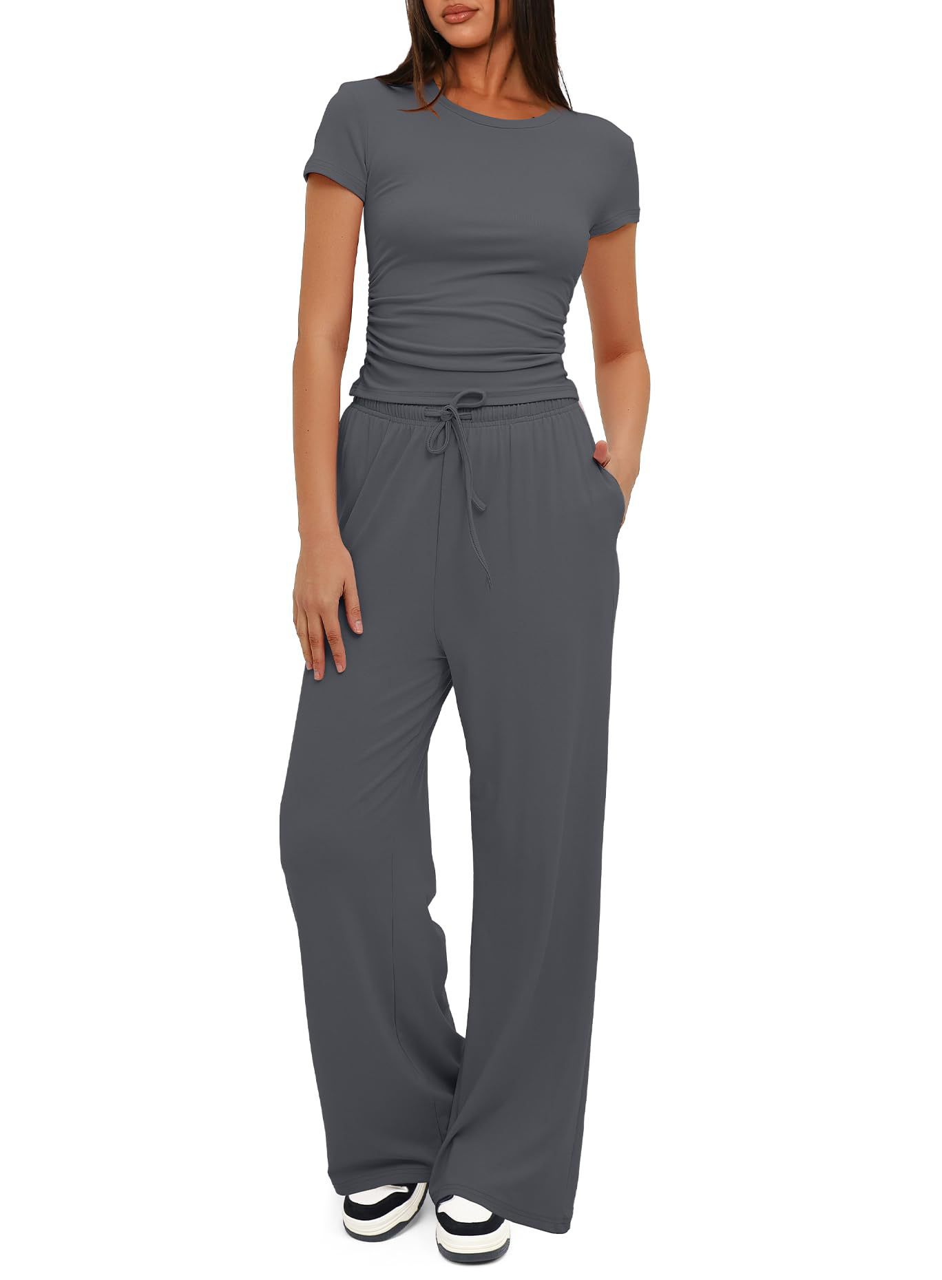 Premium High-Quality 2-Piece Yoga Set: Short Sleeve Top & Wide-Leg Pants