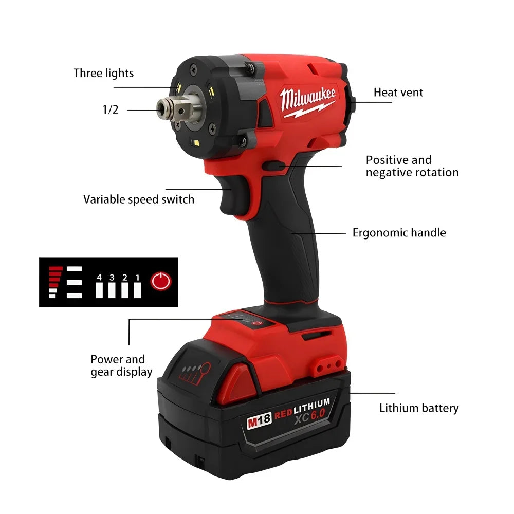 Milwaukee 400N Brushless Cordless 1/2 Electric Wrench Car Truck Repair Screwdriver Impact Drill Rechargable For 18V Battery Tool