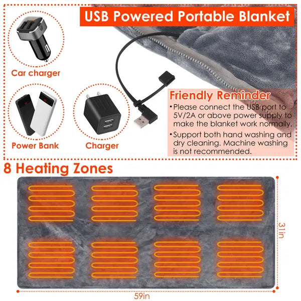 59 Plus 31in USB Heated Blanket Electric Heated Blanket With Zipper Washable For Home Office