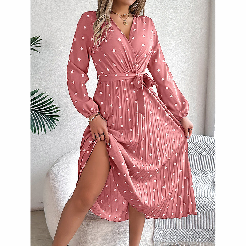 Polka Dot Maxi Dress - V-Neck Long Sleeve