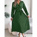 Polka Dot Maxi Dress - V-Neck Long Sleeve