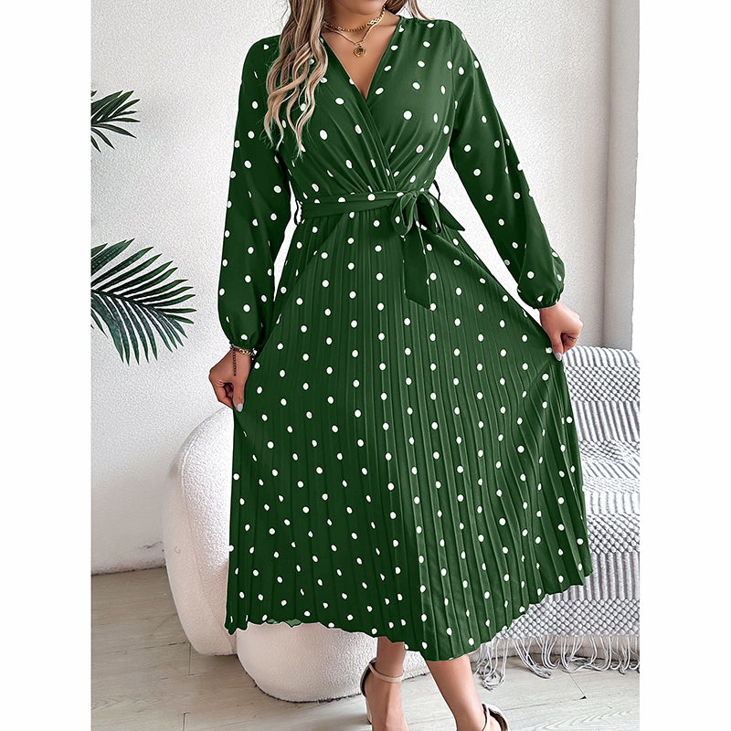 Polka Dot Maxi Dress - V-Neck Long Sleeve