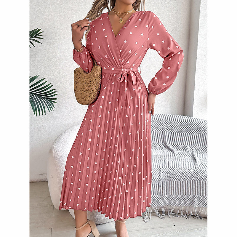 Polka Dot Maxi Dress - V-Neck Long Sleeve