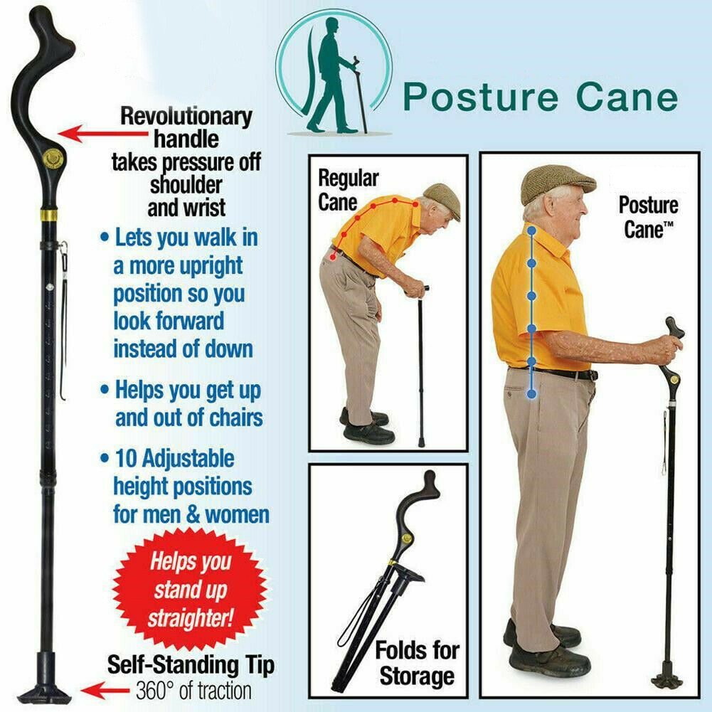 Posture Walking Stick Cane With Adjustable Heights Folding With 10 Levels