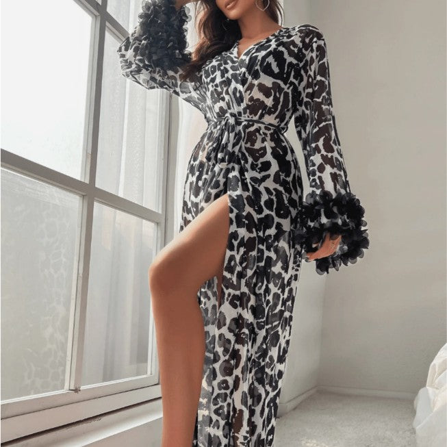 Sexy Thin Transparent Leopard Print Bell Sleeve Bathrobe Sexy Lingerie