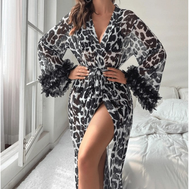 Sexy Thin Transparent Leopard Print Bell Sleeve Bathrobe Sexy Lingerie