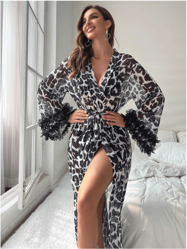 Sexy Thin Transparent Leopard Print Bell Sleeve Bathrobe Sexy Lingerie