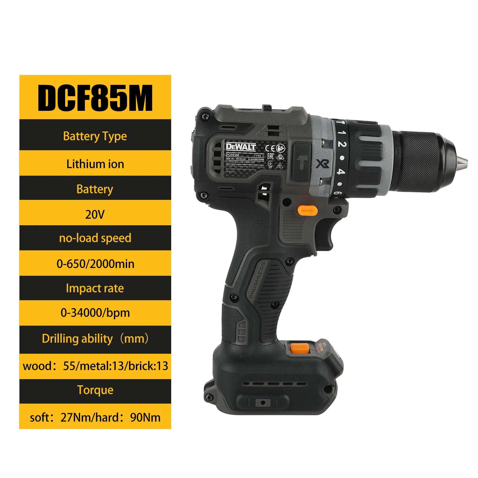 DEWALT 85M 20V Brushless Cordless 3‑Mode Hammer Drill Multifunction Electric Screwdriver Power Tool
