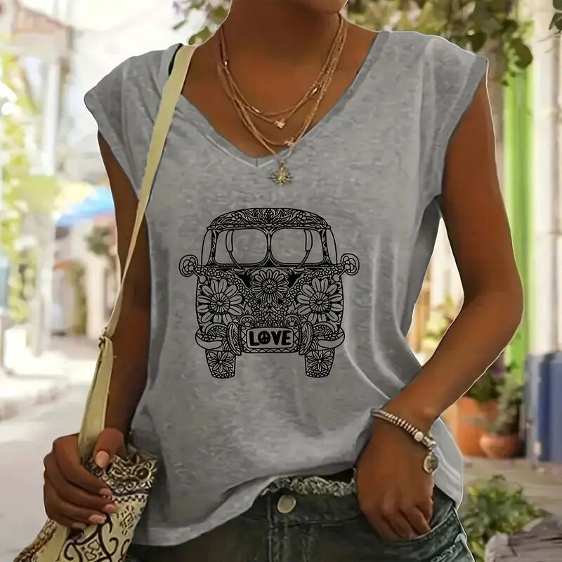 Floral Car Print Casual T-Shirt