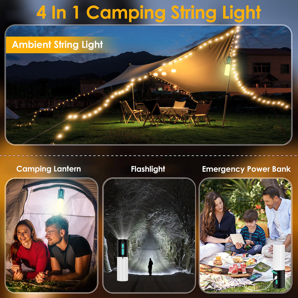 1Pc 4 In 1 Rechargeable Camping String Light IP44 Waterproof Carry Bag For Indoor & Outdoor