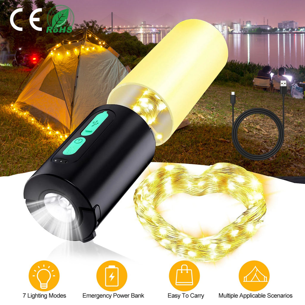 1Pc 4 In 1 Rechargeable Camping String Light IP44 Waterproof Carry Bag For Indoor & Outdoor