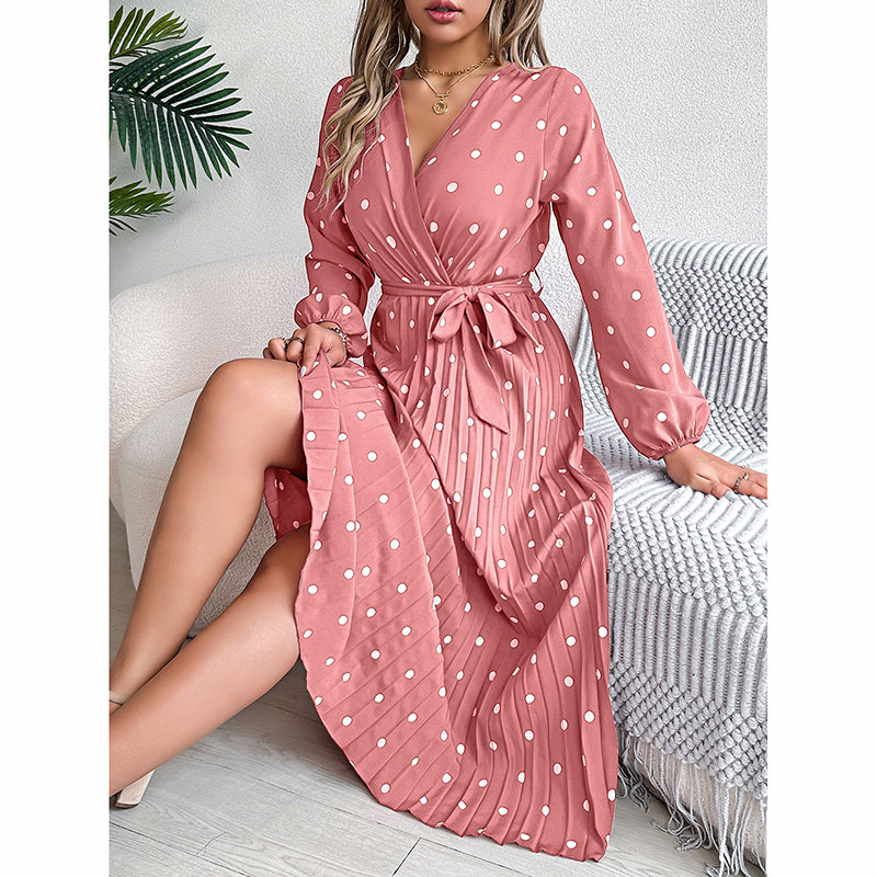 Polka Dot Maxi Dress - V-Neck Long Sleeve