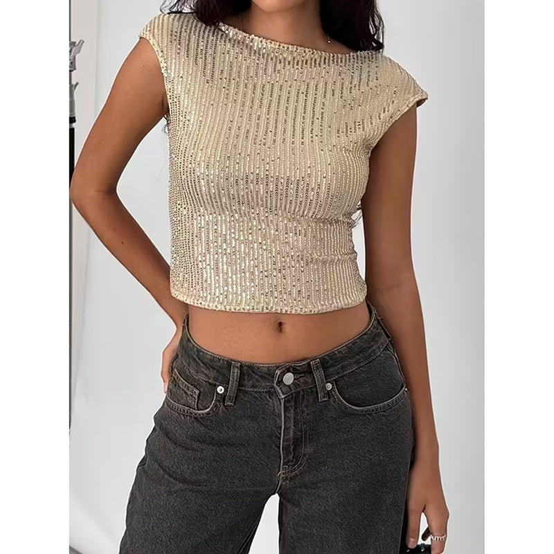 Sexy Backless Sequin Top Glittery Shimmering Party Wear