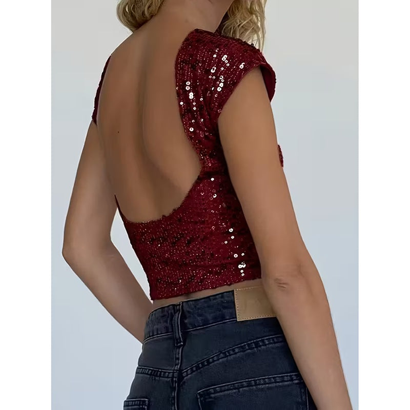 Sexy Backless Sequin Top Glittery Shimmering Party Wear