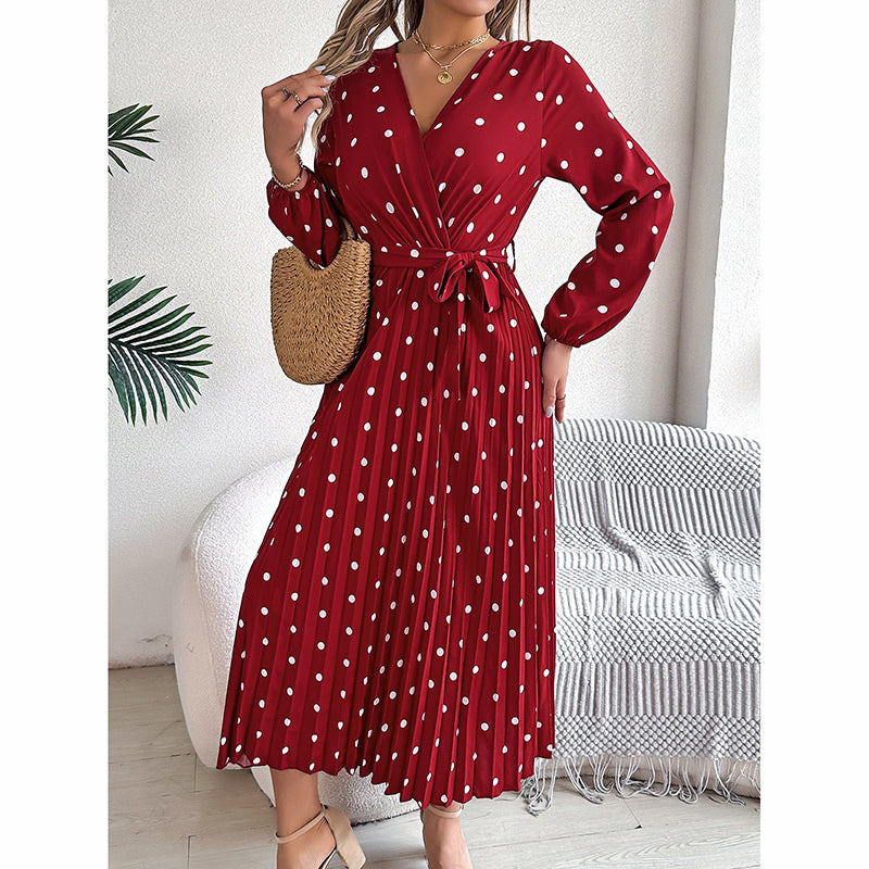 Polka Dot Maxi Dress - V-Neck Long Sleeve
