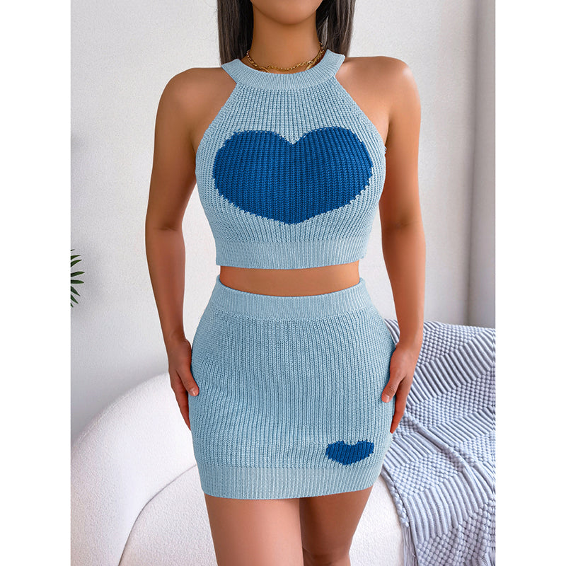 Heart Knit Outfits Backless Halter Crop Tops & Mini Bodycon Skirt