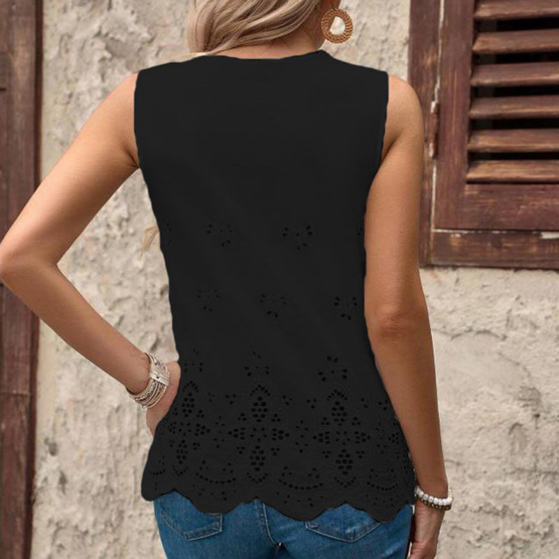 Embroidered Eyelet Tops Notched Blouses