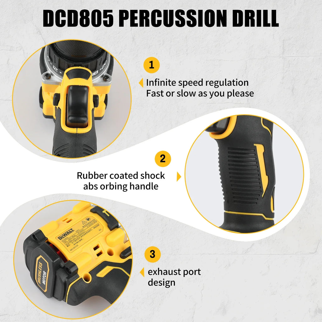 DEWALT DCD805 Brushless Compact 2 - Speed Hammer Drill 15+1 Torque Settings Pivoting LED Bare Machine