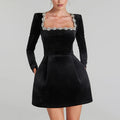 Rhinestone Square Neck Velvet Mini Dress