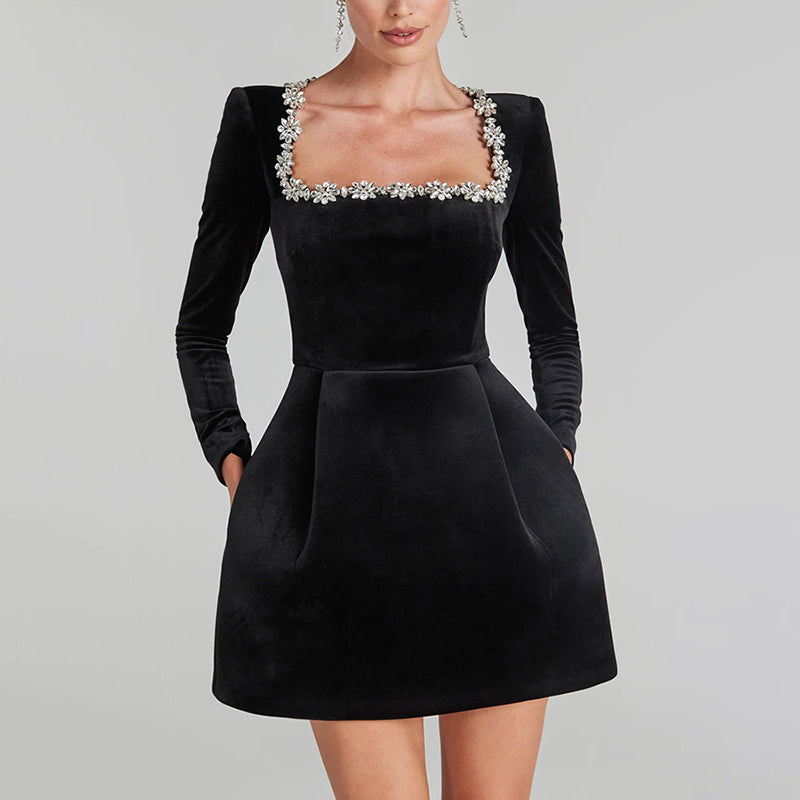 Rhinestone Square Neck Velvet Mini Dress