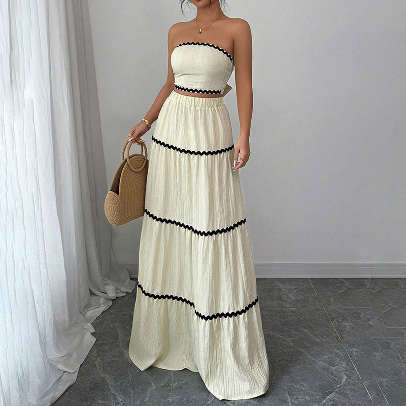 2-Piece Set Strapless Tube Top & Flared Ruffle Skirt
