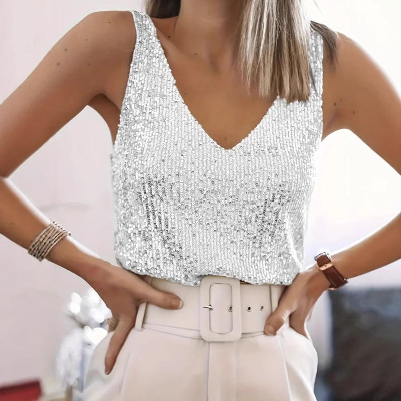 V-Neck Sparkling Party Blouse For Casual And Evening Wear