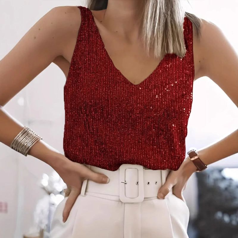 V-Neck Sparkling Party Blouse For Casual And Evening Wear