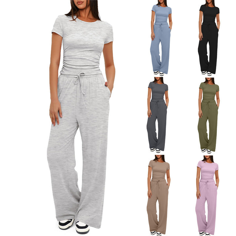 Premium High-Quality 2-Piece Yoga Set: Short Sleeve Top & Wide-Leg Pants