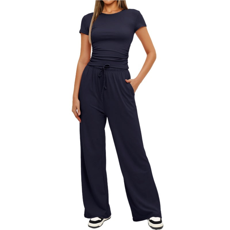 Premium High-Quality 2-Piece Yoga Set: Short Sleeve Top & Wide-Leg Pants