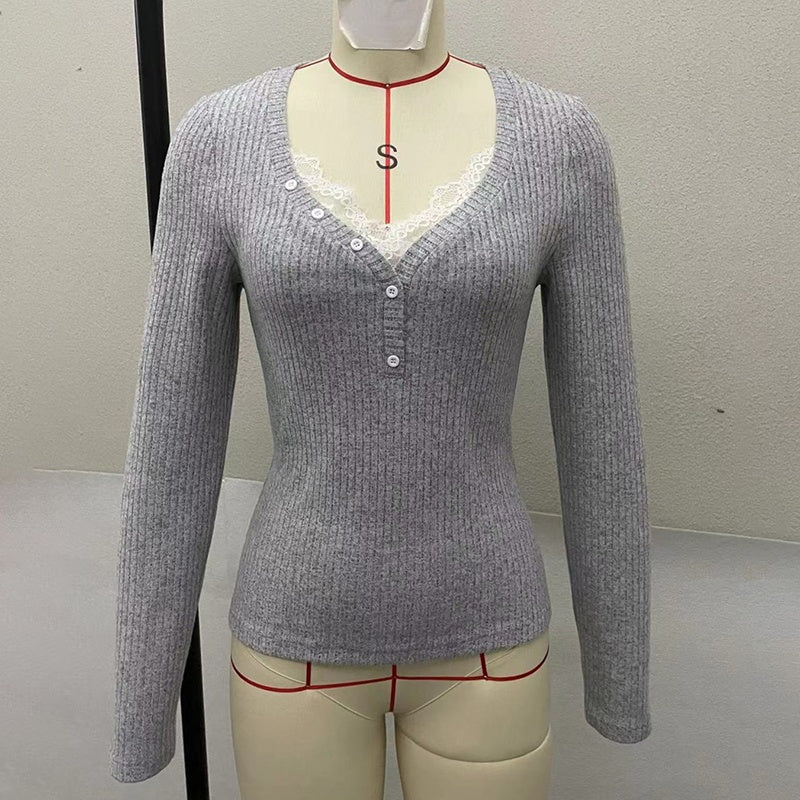 Long Sleeve Slim Fit Lace V-Neck Top