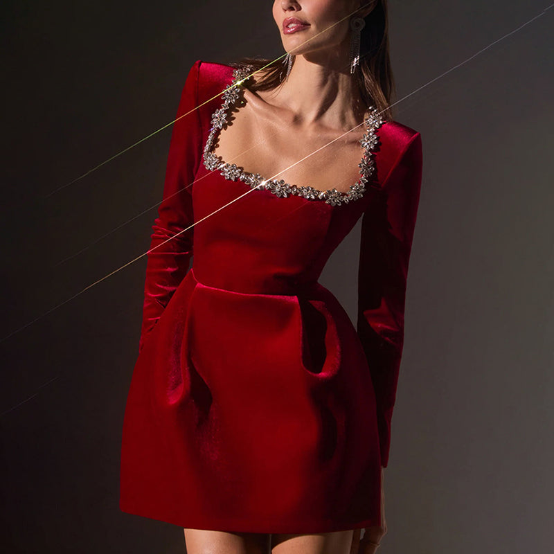 Rhinestone Square Neck Velvet Mini Dress