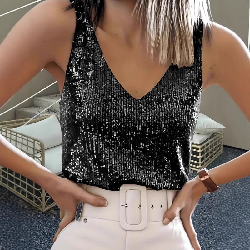 V-Neck Sparkling Party Blouse For Casual And Evening Wear