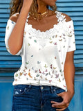 Spring Summer New Butterfly Print V-neck T-shirt Lace Casual Off-the-shoulder Short-sleeved Top