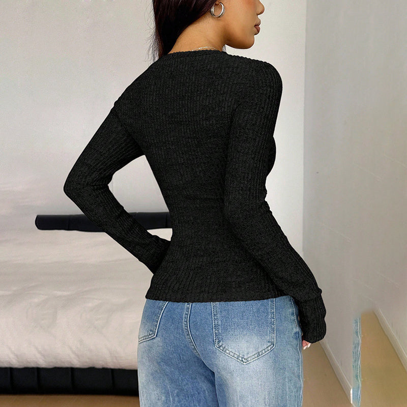Long Sleeve Slim Fit Lace V-Neck Top