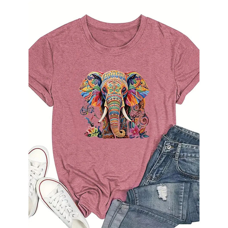 Colorful Elephant Print Casual T-Shirt