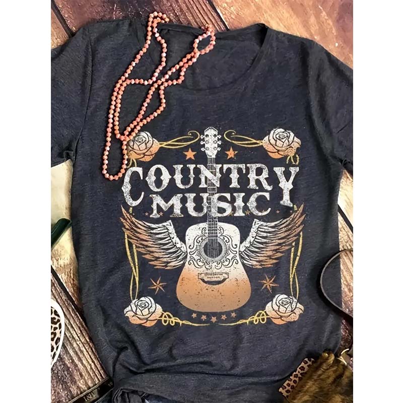 "Country Music & Winged Guitar" Letter Print Casual T-shirt