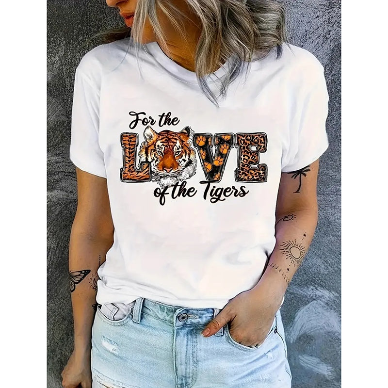 Tiger Print Love Loose Casual  T-Shirt