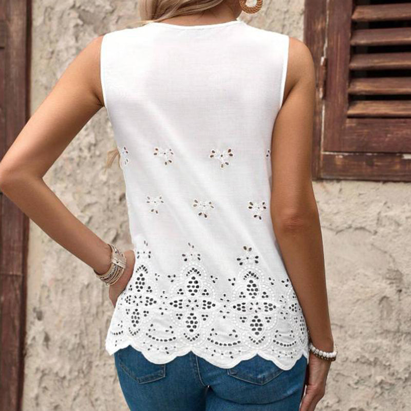 Embroidered Eyelet Tops Notched Blouses