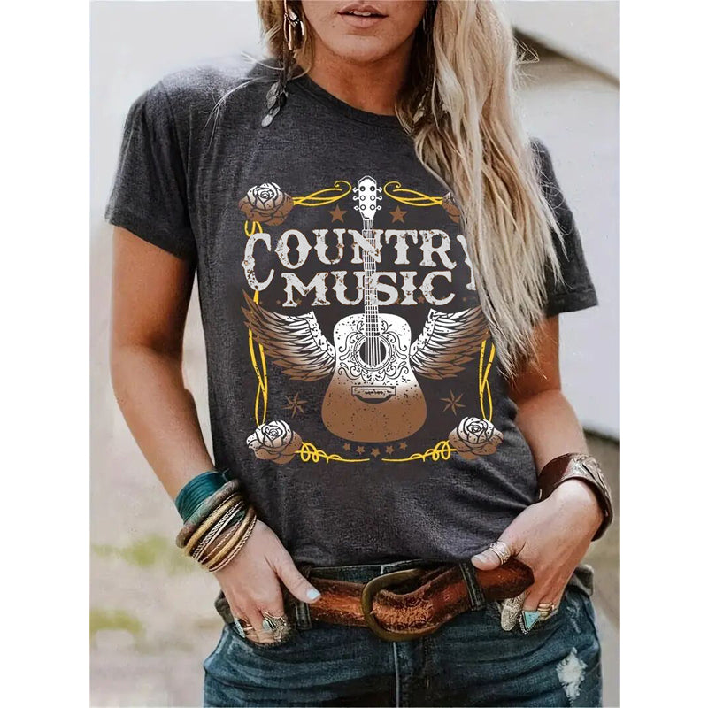 "Country Music & Winged Guitar" Letter Print Casual T-shirt
