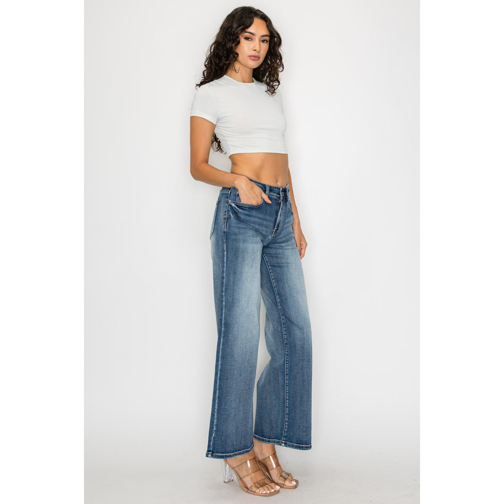 Dark Blue High-Waisted Flare Wide-Leg Pants
