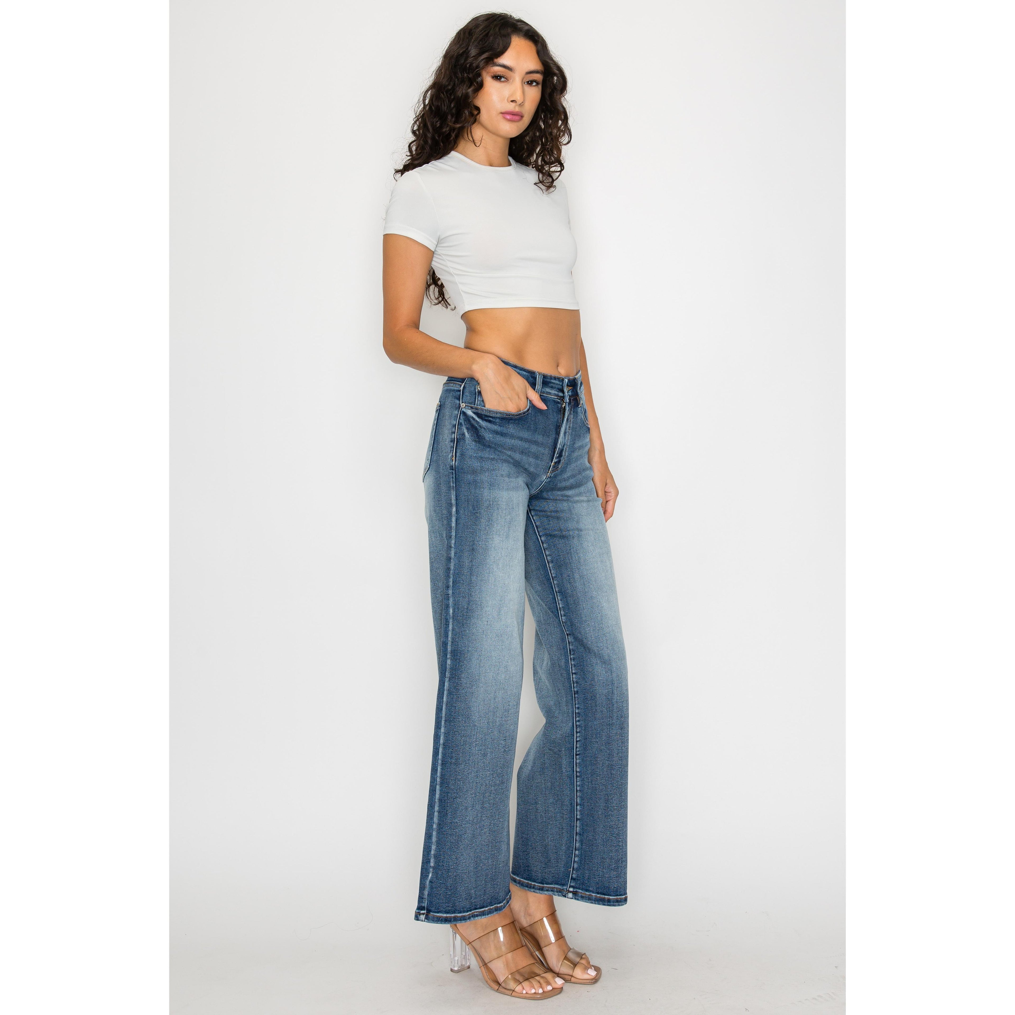 Dark Blue High-Waisted Flare Wide-Leg Pants