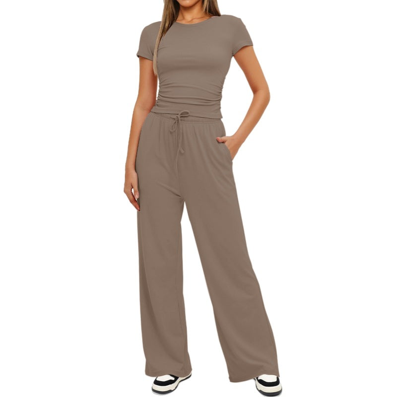 Premium High-Quality 2-Piece Yoga Set: Short Sleeve Top & Wide-Leg Pants