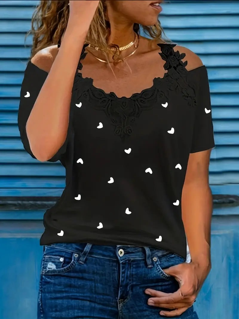 New Summer Lace Heart Print Top