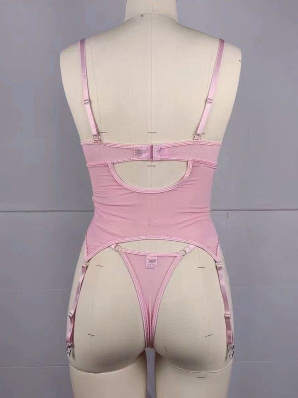 Embroidered flower playful waist strap sexy pink erotic lingerie set