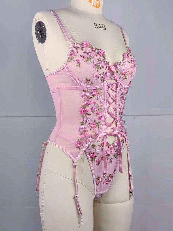 Embroidered flower playful waist strap sexy pink erotic lingerie set