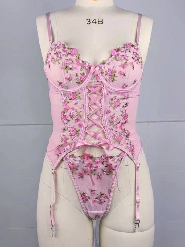 Embroidered flower playful waist strap sexy pink erotic lingerie set